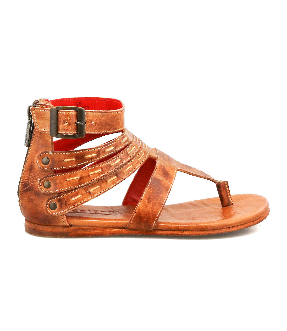 The Bed Stu Artemis II is a brown leather gladiator sandal with multiple straps, an ankle strap, side buckle, decorative stitching, and metal rivet accents, shown in a side profile view.