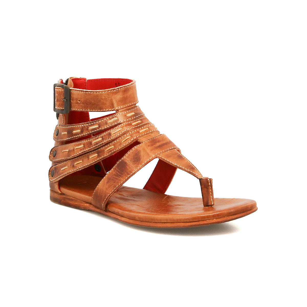 The Bed Stu Artemis II is a brown leather gladiator sandal with multiple straps across the foot, an ankle strap with buckle closure, and a comfortable flat sole.