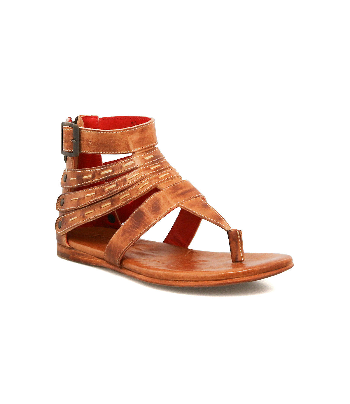 The Bed Stu Artemis II is a brown leather gladiator sandal with multiple straps across the foot, an ankle strap with buckle closure, and a comfortable flat sole.