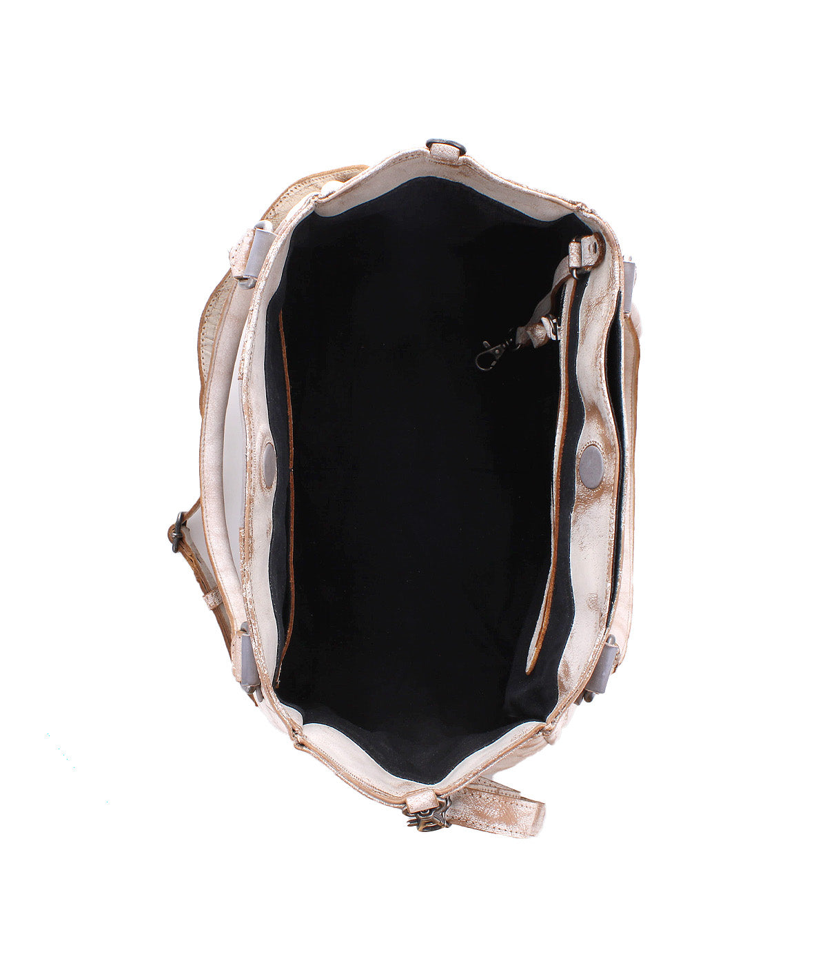 Top view of the Bed Stu Astana handbag, featuring an open beige design with a spacious black interior and multiple small pockets—ideal for everyday use.