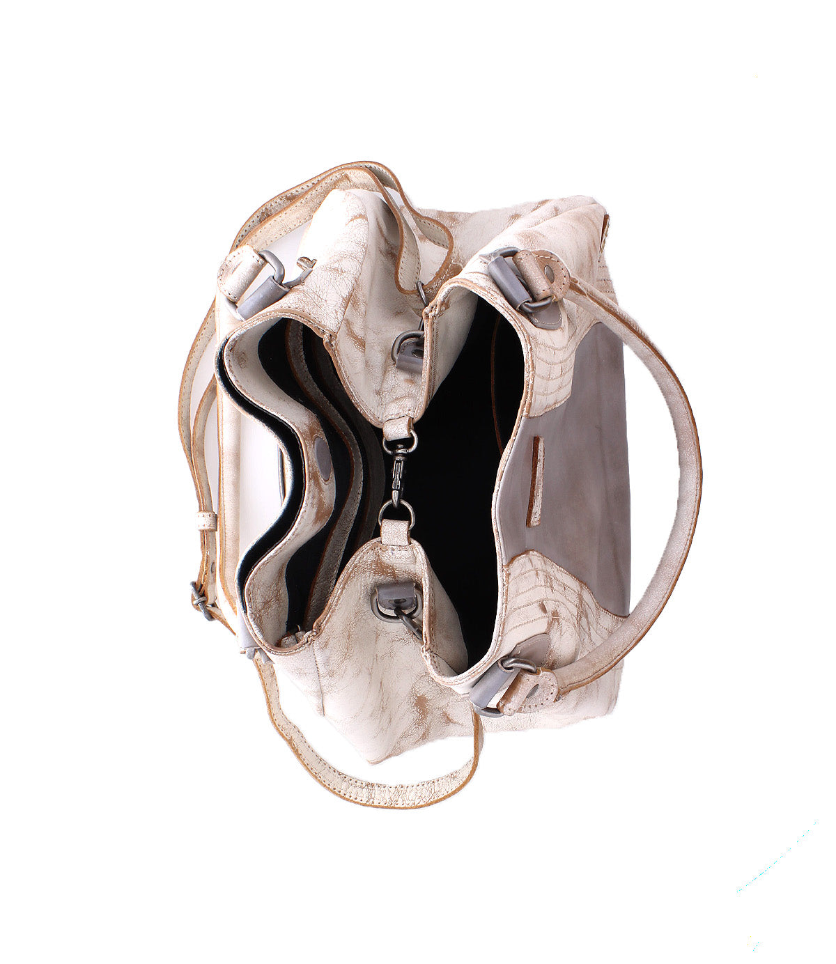 Top view of the Bed Stu Astana handbag in beige with two handles, metal buckle accents, and multiple interior compartments—ideal for everyday use.