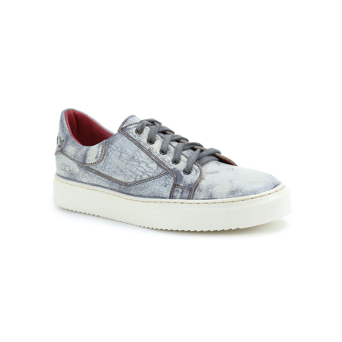 The Azeli by Bed Stu is a classic low-profile sneaker designed with gray leather for a modern appeal, featuring a distressed look, white sole, and striking red interior lining.