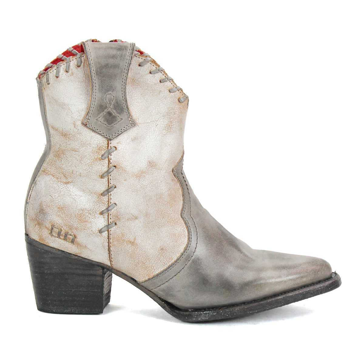 The Bed Stu Baila II is a single worn gray leather Western boot with artisanal construction, decorative stitching, a pointed toe, and a low stacked heel, shown in profile on a white background.