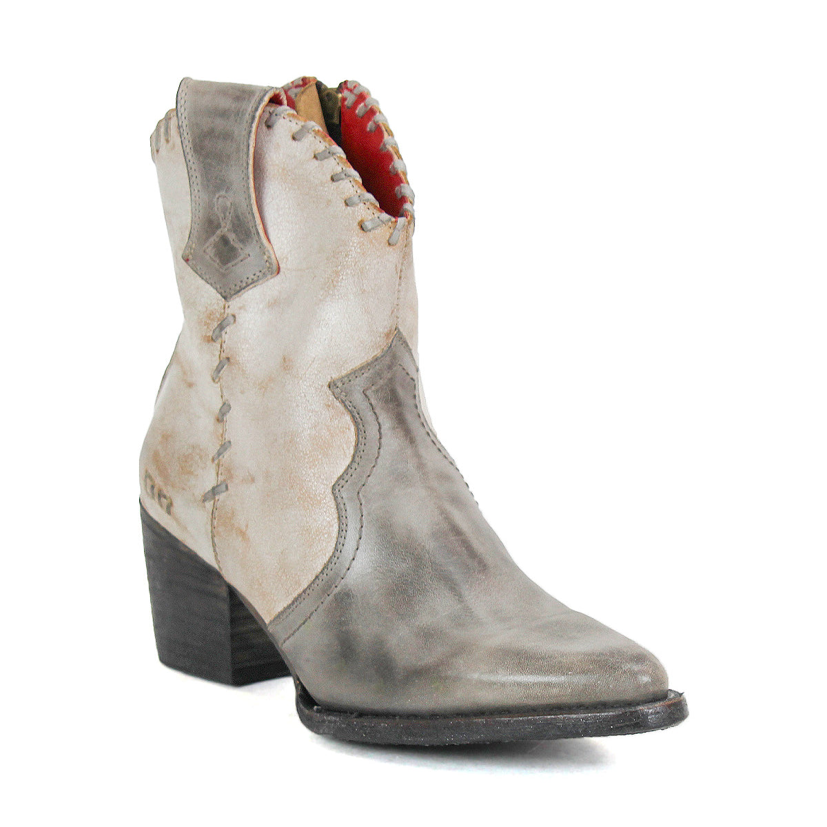 The Bed Stu Baila II is a gray leather Western boot with artisanal construction, decorative stitching, a pointed toe, and a chunky stacked heel, displayed on a white background.