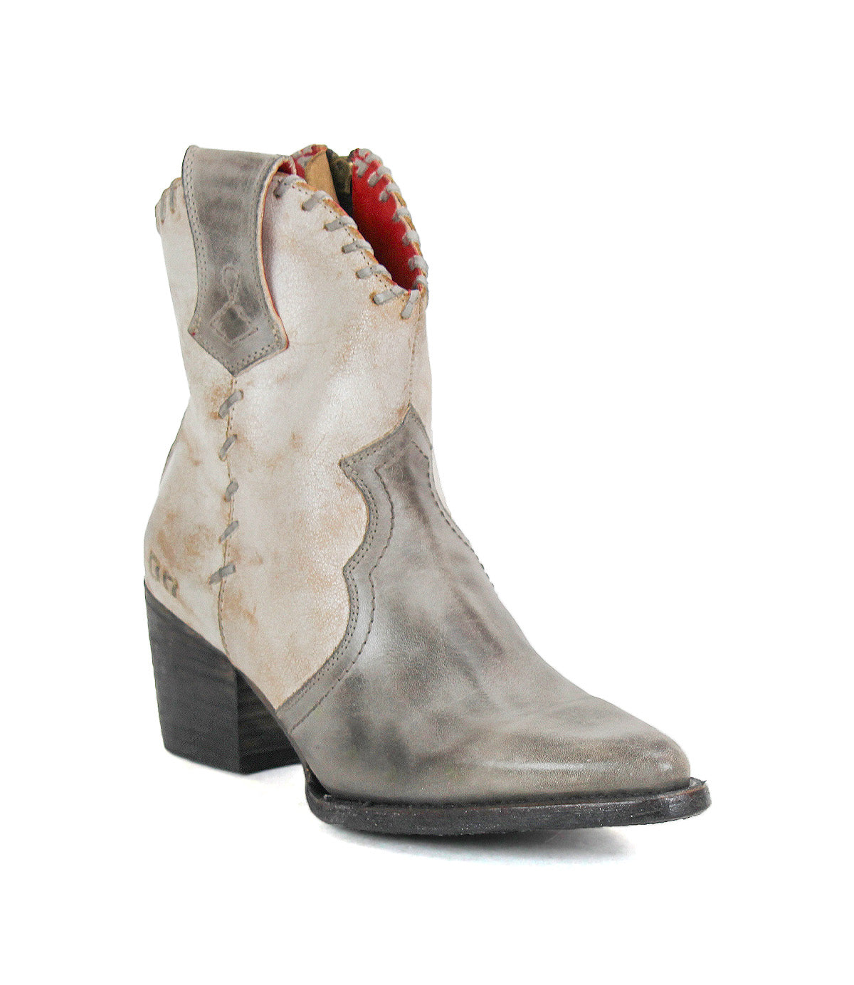 The Bed Stu Baila II is a gray leather Western boot with artisanal construction, decorative stitching, a pointed toe, and a chunky stacked heel, displayed on a white background.