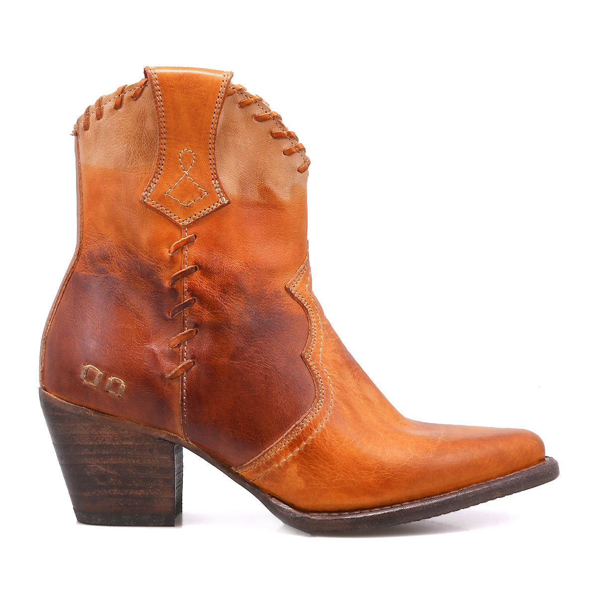 Bed|Stü Baila II tan leather Western-inspired ankle boot with a pointed toe, stacked heel, and whipstitch detailing.