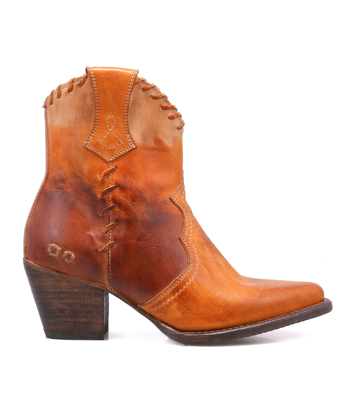 Bed|Stü Baila II tan leather Western-inspired ankle boot with a pointed toe, stacked heel, and whipstitch detailing.