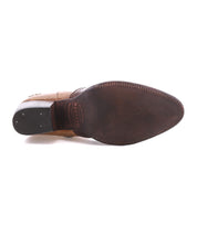 Bottom view of the Bed|Stü Baila II brown leather dress shoe, featuring a stitched sole, stacked heel with two metal tacks, and brand markings near the arch—highlighting its artisanal construction inspired by classic Western boots.