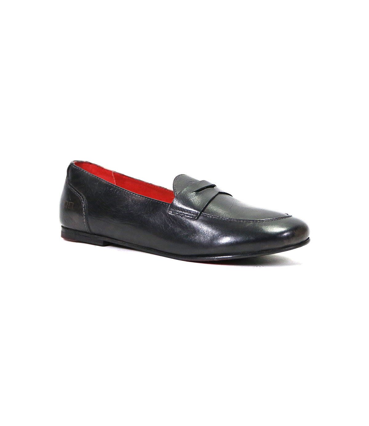 A single black leather Bed Stu penny loafer with a red interior and a decorative strap across the top, displayed against a white background.