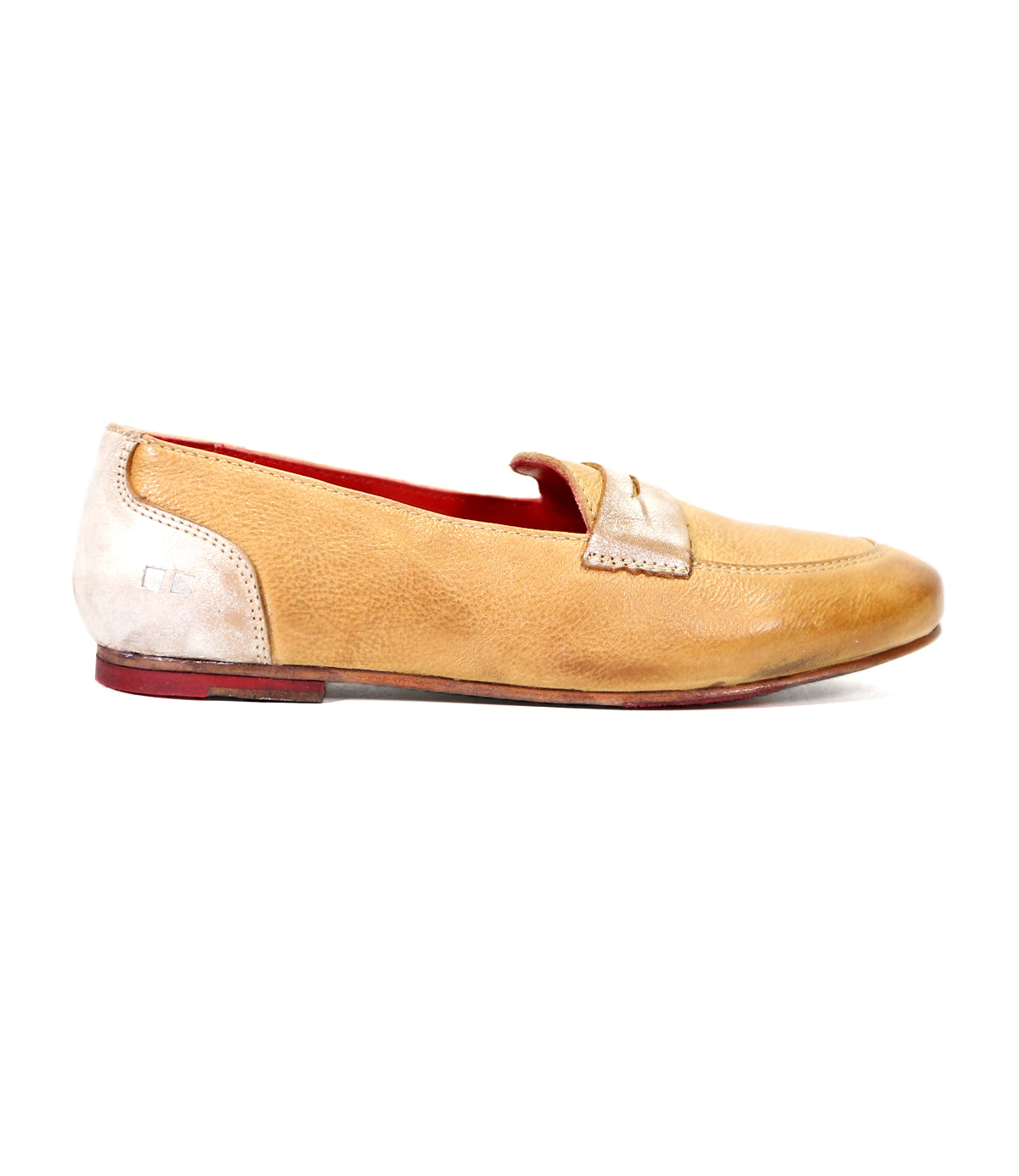 A single Bed Stu beige leather penny loafer with a red interior and a small metal emblem on the side, displayed against a white background.
