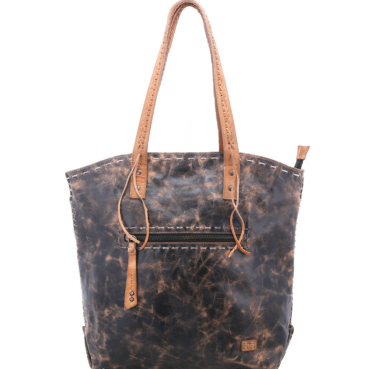 The Bed Stu Barra II is a brown distressed leather tote bag with tan handles, a front zipper pocket, and woven stitching, shown against a white background.
