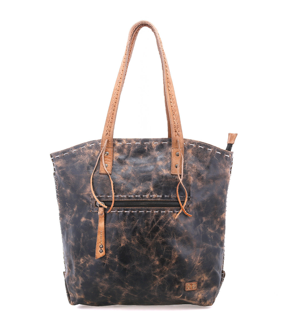 The Bed Stu Barra II is a brown distressed leather tote bag with tan handles, a front zipper pocket, and woven stitching, shown against a white background.