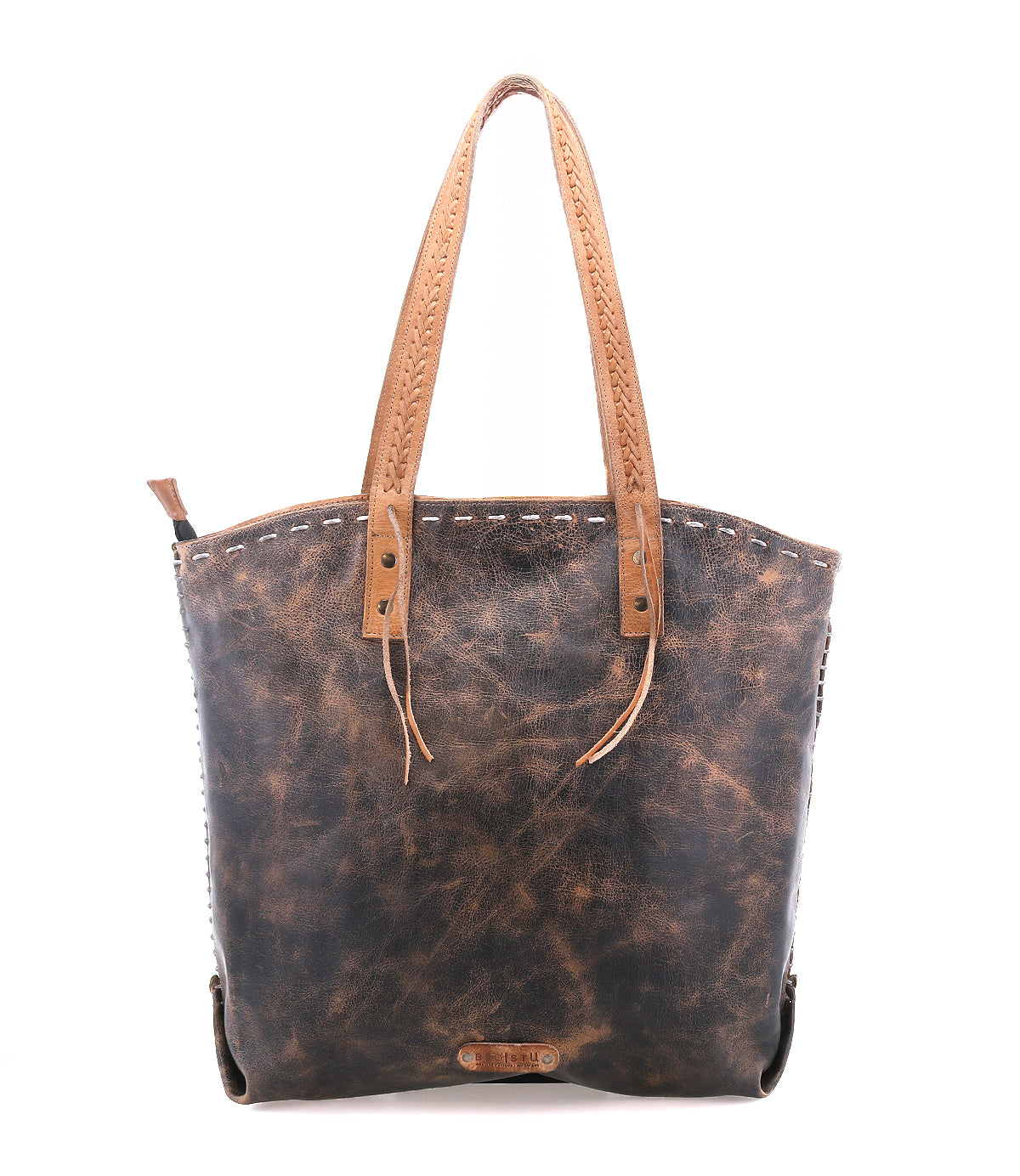 The Barra II by Bed Stu is a handcrafted brown distressed leather tote with two tan handles, decorative edge stitching, and an organic cotton lining, shown against a white background.