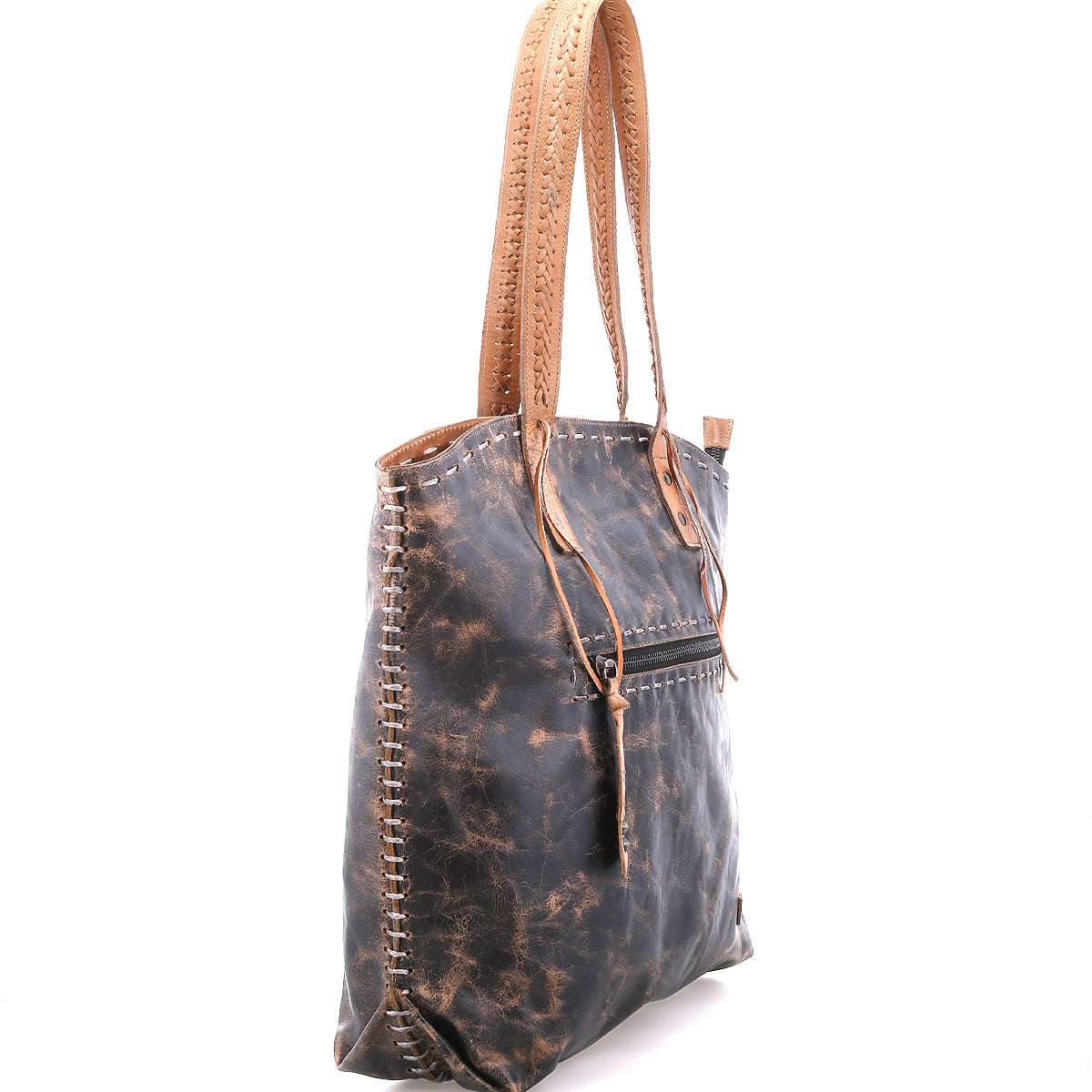 The Bed Stu Barra II is a distressed brown leather decorative tote bag with tan stitched handles, white woven side stitching, and an organic cotton lining, shown against a white background.
