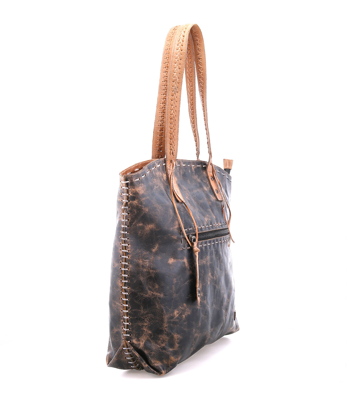 The Bed Stu Barra II is a distressed brown leather decorative tote bag with tan stitched handles, white woven side stitching, and an organic cotton lining, shown against a white background.