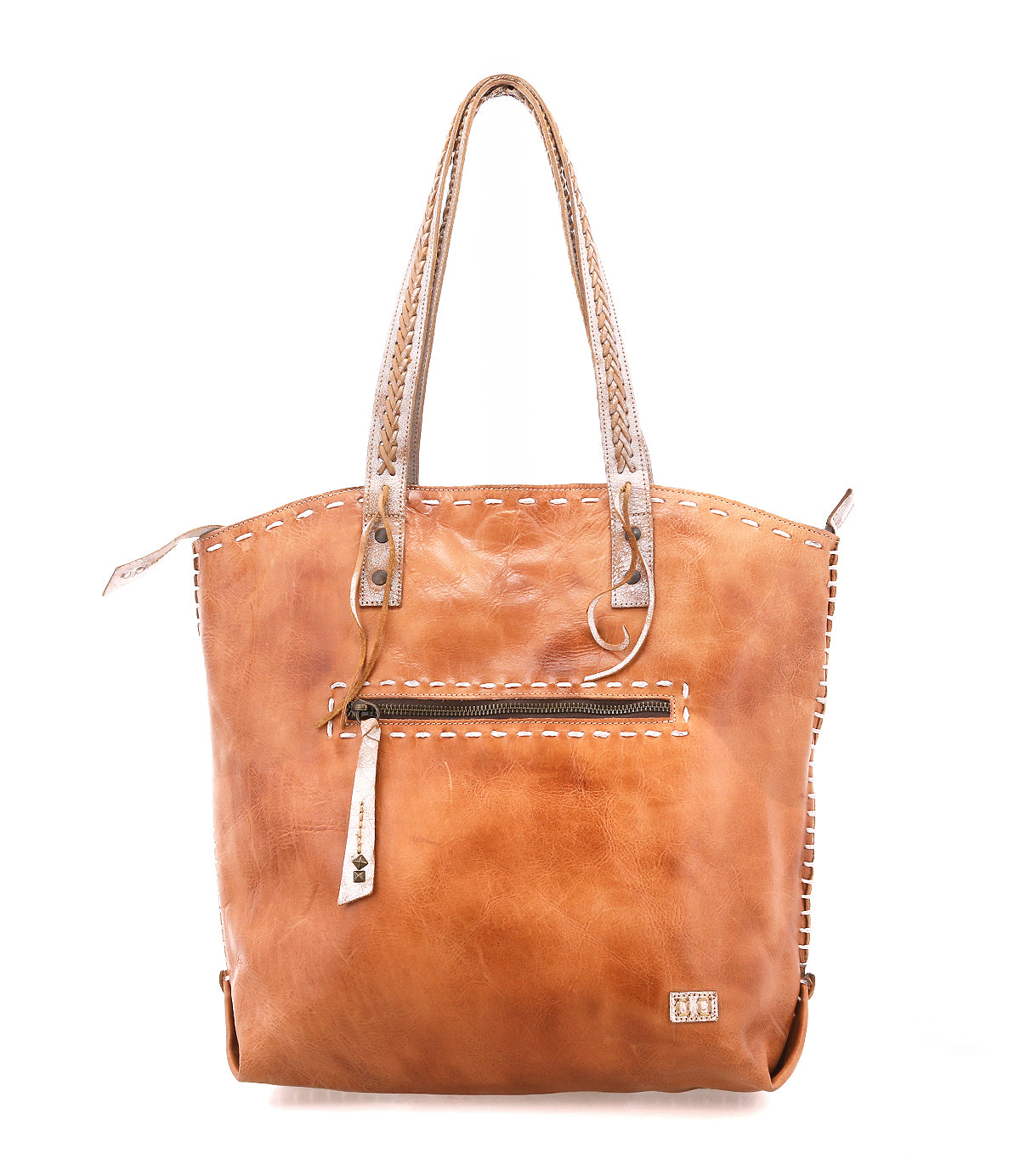 The Bed Stu Barra II is a brown leather decorative tote bag with double handles, a front zipper pocket, woven stitching, and a small metal logo plate in the bottom corner, shown on a white background.