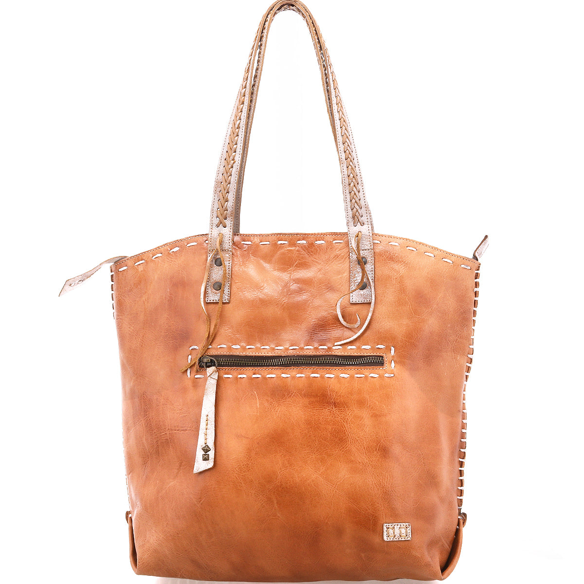 The Bed Stu Barra II is a brown leather decorative tote bag with double handles, a front zipper pocket, woven stitching, and a small metal logo plate in the bottom corner, shown on a white background.