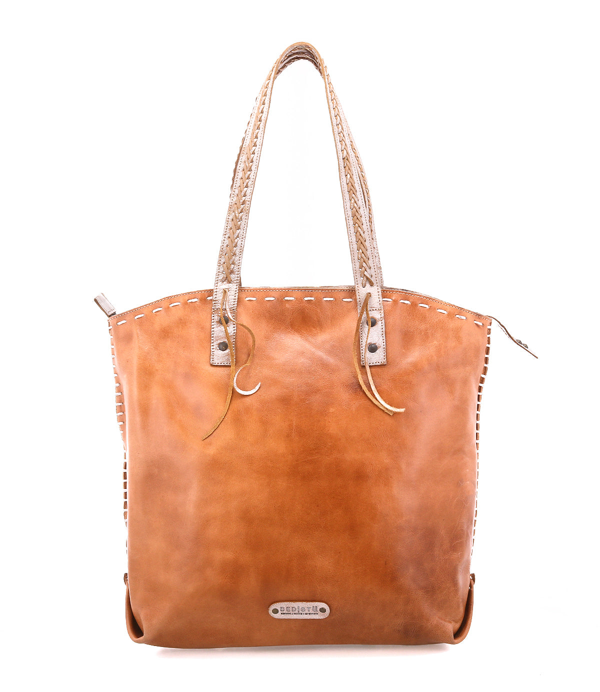 The Barra II by Bed Stu is a brown leather tote bag featuring double handles, woven edge stitching, an organic cotton lining, and a metal nameplate on the front.