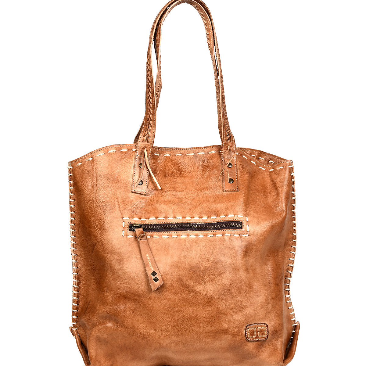The Bed Stu Barra is a handmade leather tote bag featuring two handles, a front zipper pocket, contrast stitching along the edges, and a small embossed logo near the bottom corner.