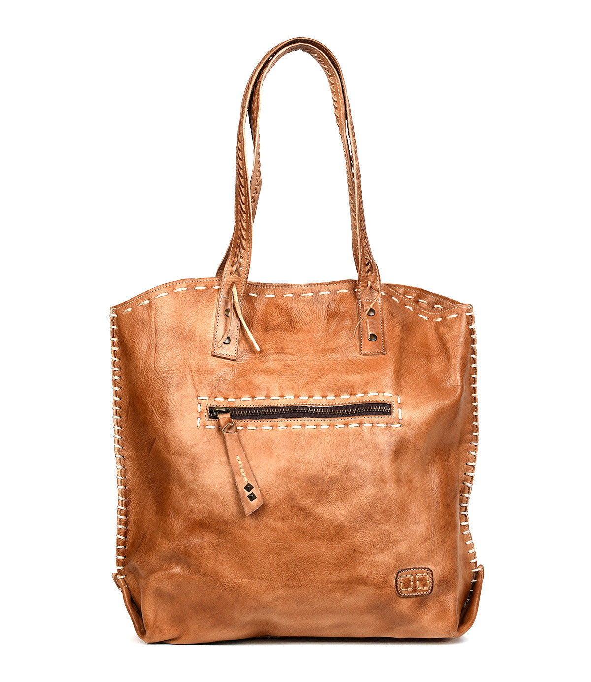 The Bed Stu Barra is a handmade leather tote bag featuring two handles, a front zipper pocket, contrast stitching along the edges, and a small embossed logo near the bottom corner.