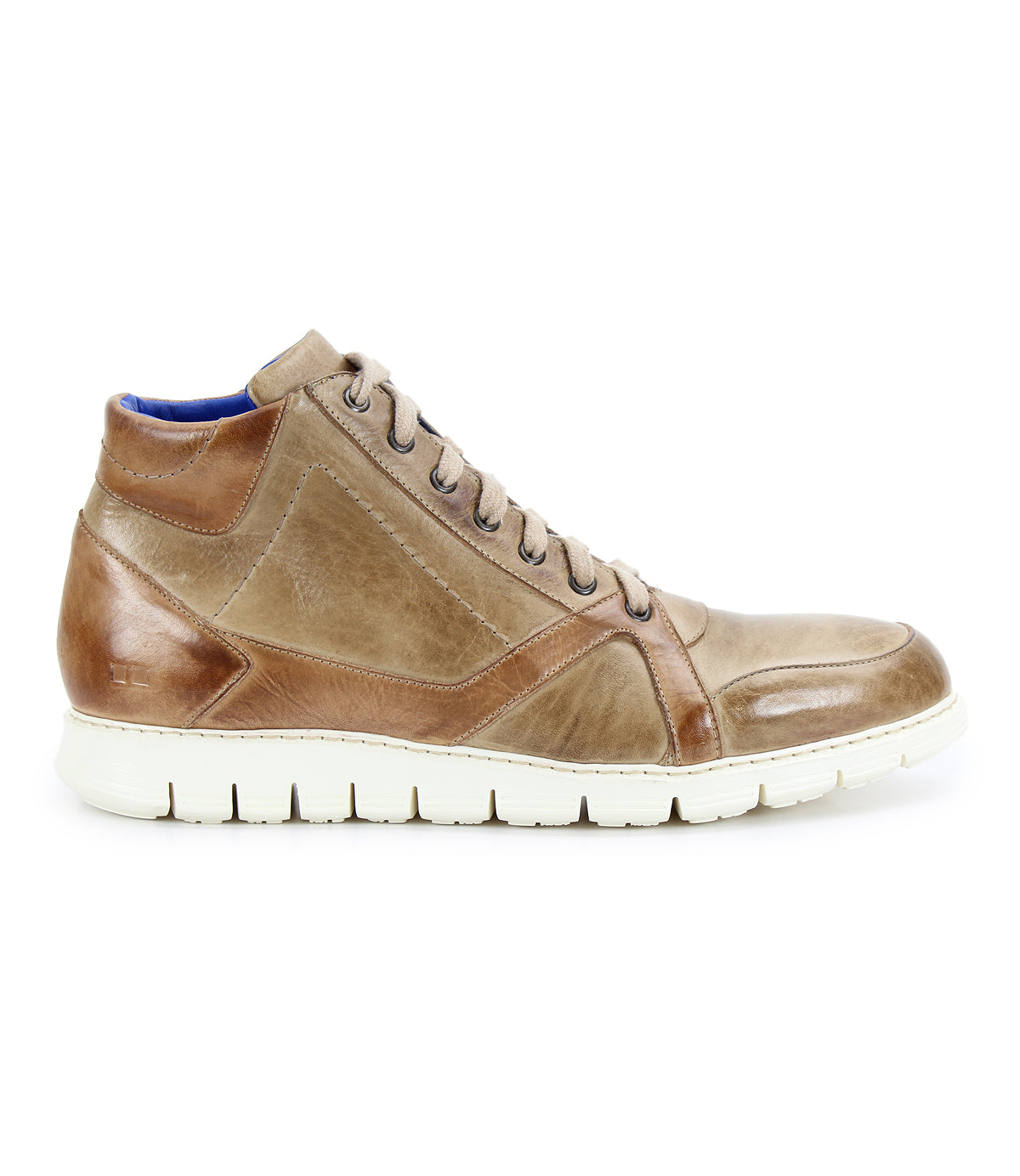The image shows the Barton, a men's high-top sneaker by Bed Stu, crafted from brown leather with a breathable insole. It features a white sole and blue inner lining, presented in a side view against a white background.