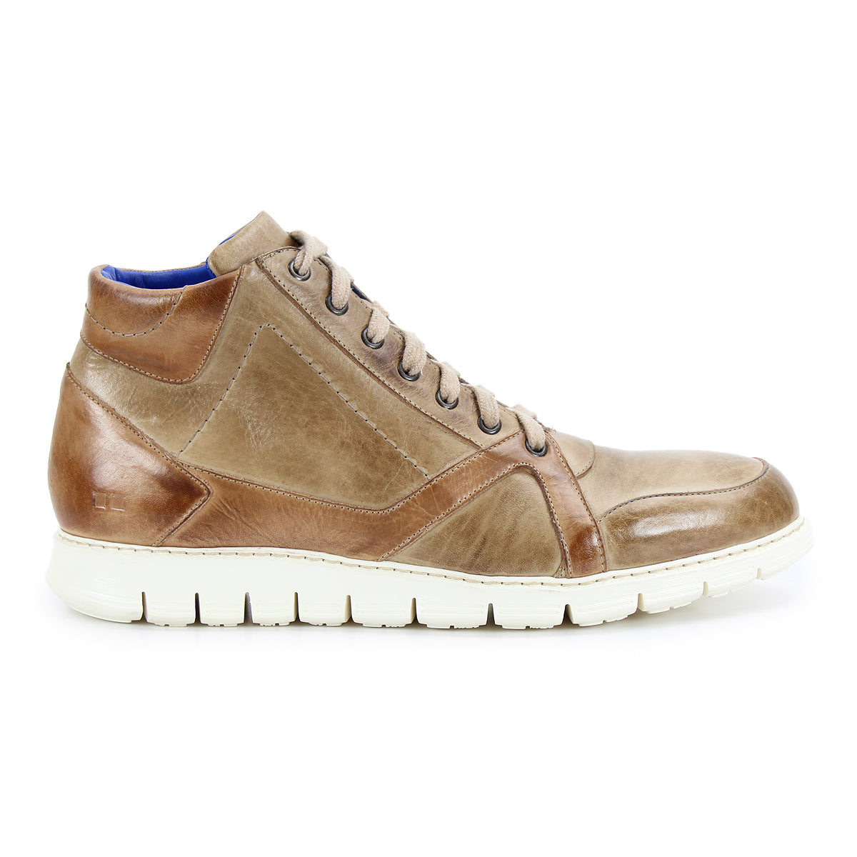 The image shows the Barton, a men's high-top sneaker by Bed Stu, crafted from brown leather with a breathable insole. It features a white sole and blue inner lining, presented in a side view against a white background.