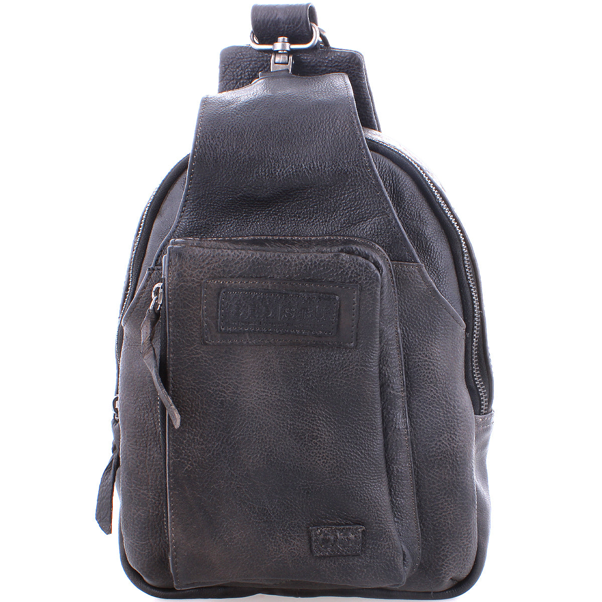 Black leather Beau sling backpack by Bed Stu isolated on a white background, perfect for hands-free activities.