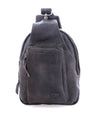 Black leather Beau sling backpack by Bed Stu isolated on a white background, perfect for hands-free activities.