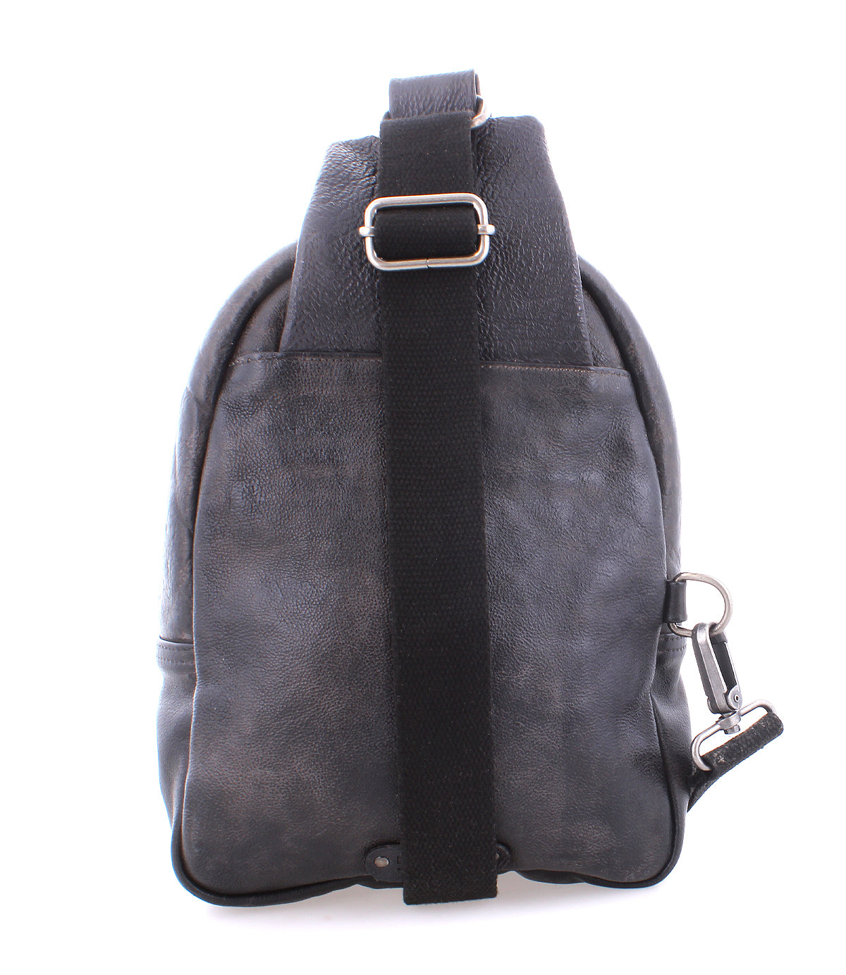 Black functional Beau leather backpack with adjustable strap and metal clasp by Bed Stu.
