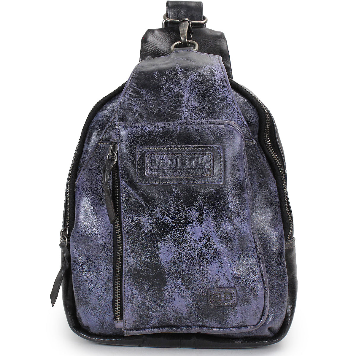 The Beau by Bed Stu is a small, distressed black and purple leather sling backpack with a front zipper pocket, top handle, and stitched logo patch—ideal for hands-free convenience.