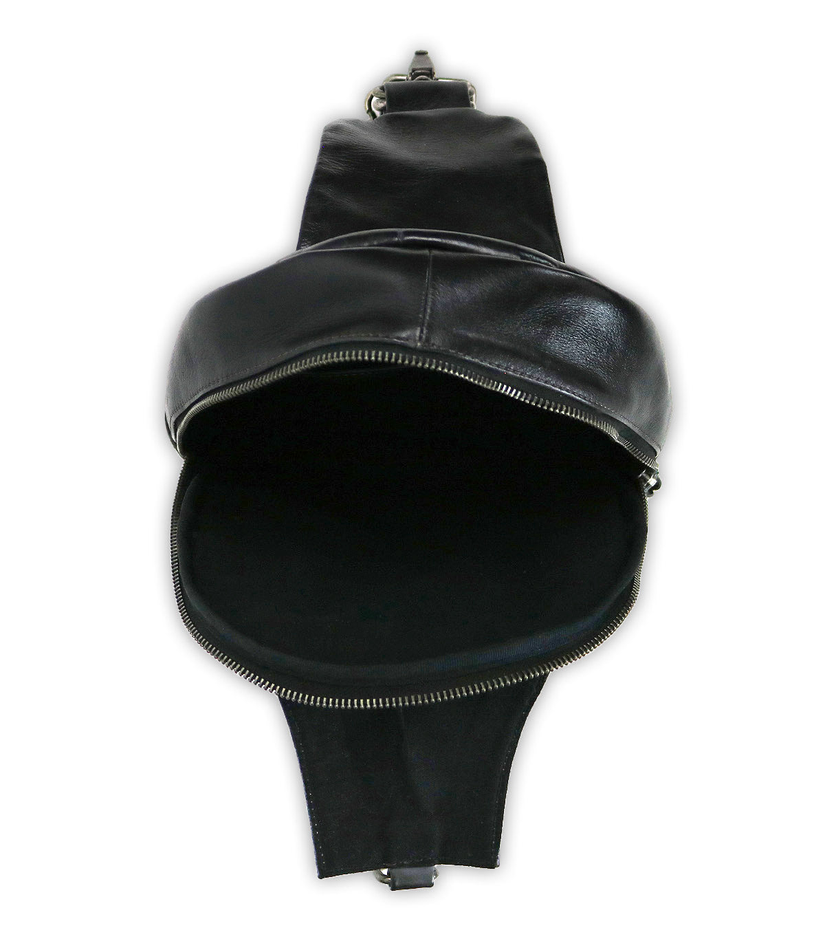 The Bed Stu Beau is a black leather sling backpack with a zipper, shown open with an empty main compartment and photographed from above on a white background.
