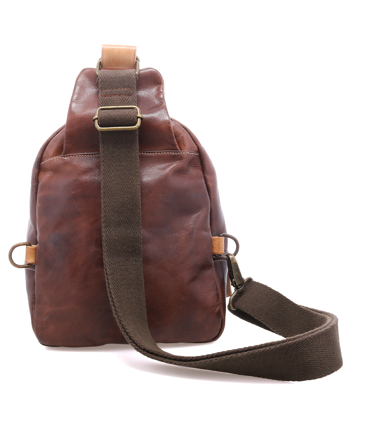 The Bed Stu Beau is a brown leather everyday bag featuring a wide, adjustable dark brown strap with metal buckle and side loops, displayed from the back.