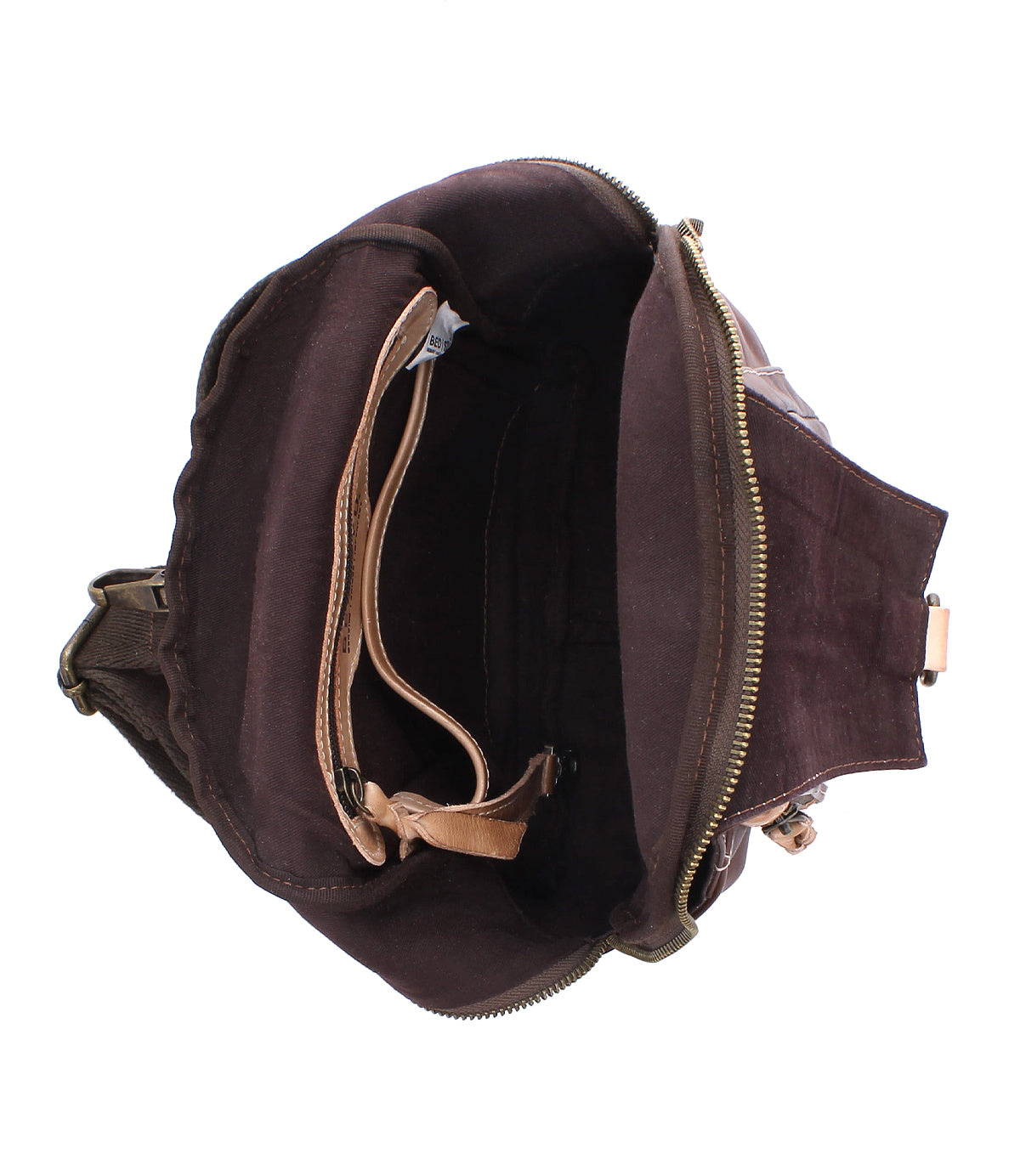 A top view of the Bed Stu Beau shows its open brown leather design with empty main compartment and inner pockets, making it perfect for everyday use.