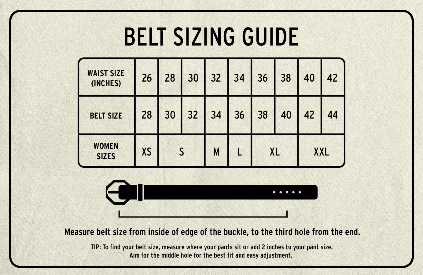 Bed Stu Dreampath belt sizing guide chart with waist sizes, belt sizes, women’s sizes, a measuring tip, and an illustration showing how to measure this genuine leather belt’s modern octagon buckle.