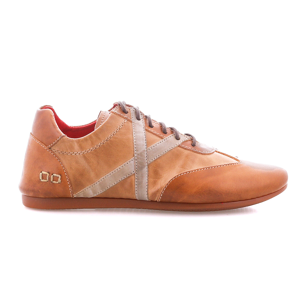 The Bed Stu Bingo II is a brown leather sneaker with laces, beige accent stripes, red inner lining, and an EXTRALIGHT outsole. Shown in side profile against a white background.