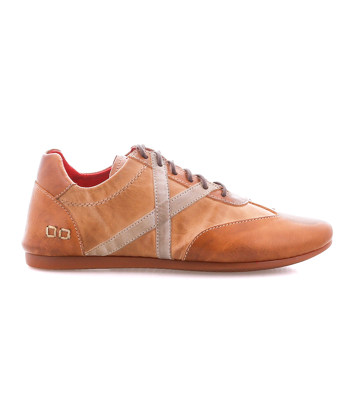 The Bed Stu Bingo II is a brown leather sneaker with laces, beige accent stripes, red inner lining, and an EXTRALIGHT outsole. Shown in side profile against a white background.