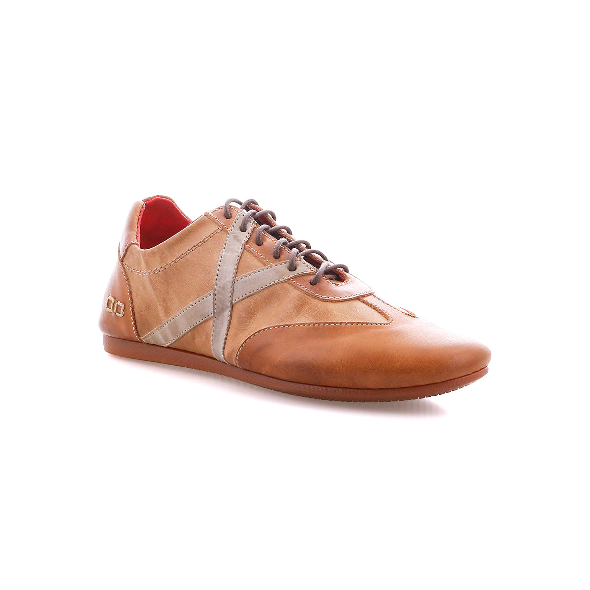 The Bed Stu Bingo II, a brown leather sneaker with gray accents, brown laces, Goodyear construction, and a flat EXTRALIGHT outsole, is displayed on a white background.