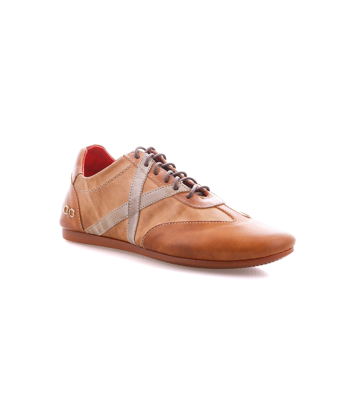 The Bed Stu Bingo II, a brown leather sneaker with gray accents, brown laces, Goodyear construction, and a flat EXTRALIGHT outsole, is displayed on a white background.
