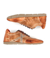 The Bed Stu Bingo II sneakers feature brown leather uppers, tan XL EXTRALIGHT outsoles, white stitching, and side logo detailing, shown from the side and bottom views.