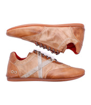 The Bed Stu Bingo II sneakers feature light brown leather, white side stripes, brown laces, red lining, and thin EXTRALIGHT outsoles—styled side by side for a blend of comfort and modern flair.