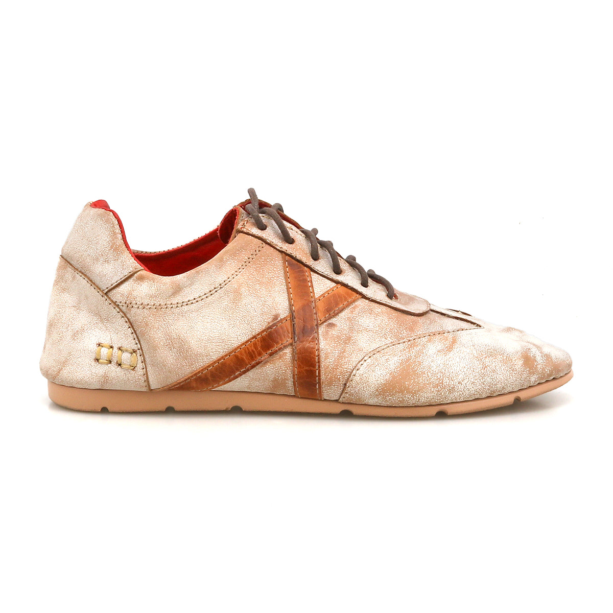 The Bed Stu Bingo II is a beige and brown leather lace-up sneaker with a metallic stripe, visible wear, and a lightweight XL EXTRALIGHT outsole for comfort.