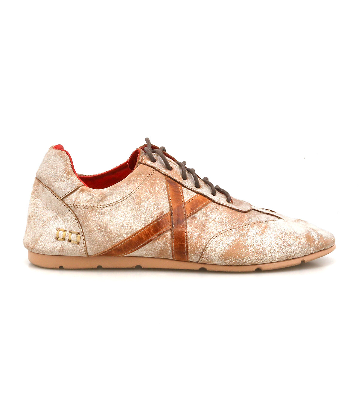 The Bed Stu Bingo II is a beige and brown leather lace-up sneaker with a metallic stripe, visible wear, and a lightweight XL EXTRALIGHT outsole for comfort.