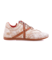 The Bed Stu Bingo II is a single beige and brown leather sneaker with a textured finish, side stitching, lace-up front, Goodyear construction, and flat EXTRALIGHT outsole, shown in a left side profile view.