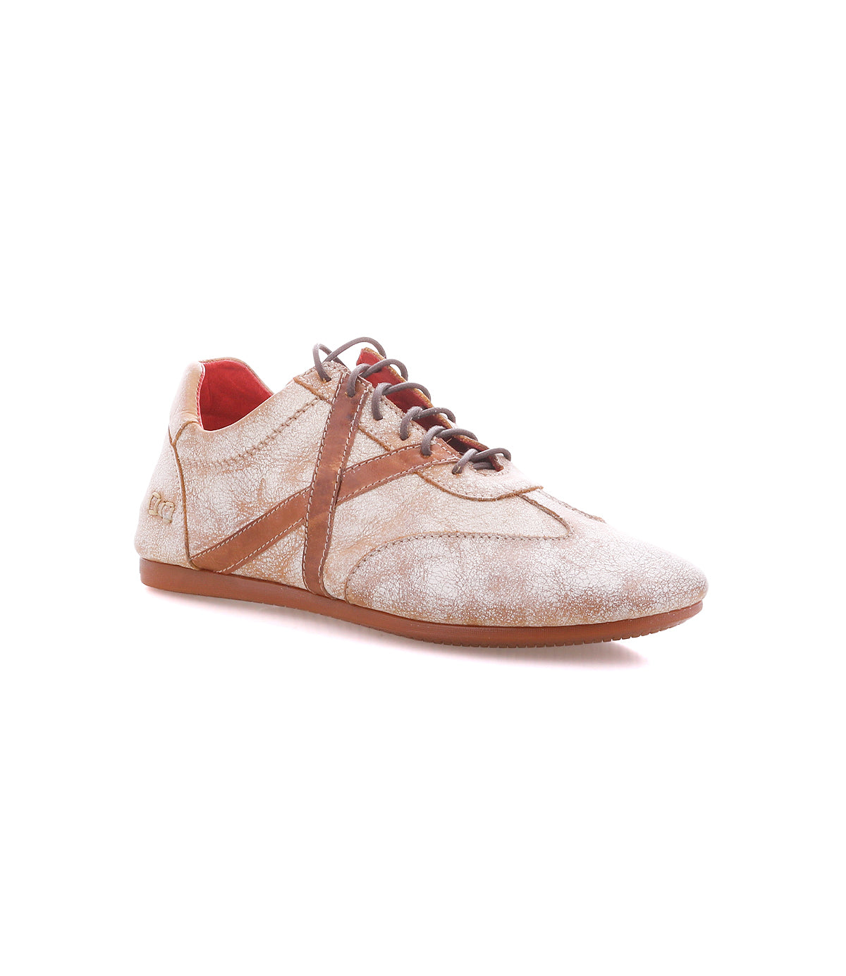 The Bed Stu Bingo II is a beige and brown lace-up leather sneaker with a textured pattern, brown EXTRALIGHT outsole, and red interior lining, displayed on a white background.