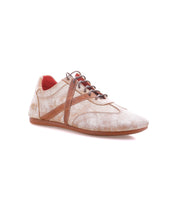 The Bed Stu Bingo II is a beige and brown lace-up leather sneaker with a textured pattern, brown EXTRALIGHT outsole, and red interior lining, displayed on a white background.