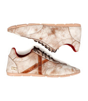 The Bingo II by Bed Stu is a pair of beige leather sneakers with brown accents and rubber soles, viewed from the side with one shoe on top of the other, featuring an XL EXTRALIGHT outsole for superior comfort and durability.