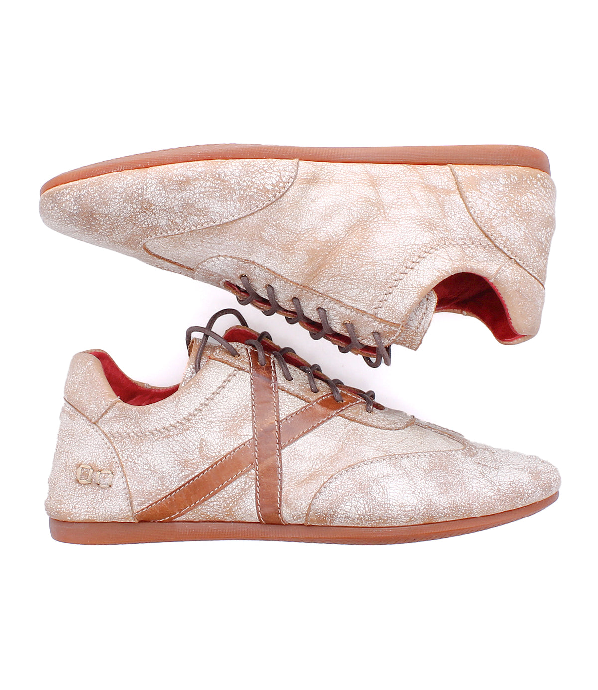 The Bed Stu Bingo II sneakers in beige leather feature brown laces and soles, Goodyear construction, and EXTRALIGHT outsoles. Shown side by side on a white background.