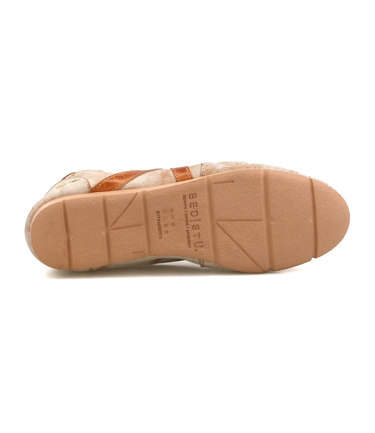 The bottom view of the Bed Stu Bingo II beige leather sneaker reveals a tan rubber sole with tread patterns and "Bed Stu" stamped at the center, crafted with Goodyear reverse construction.