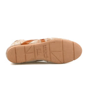 The bottom view of the Bed Stu Bingo II beige leather sneaker reveals a tan rubber sole with tread patterns and "Bed Stu" stamped at the center, crafted with Goodyear reverse construction.