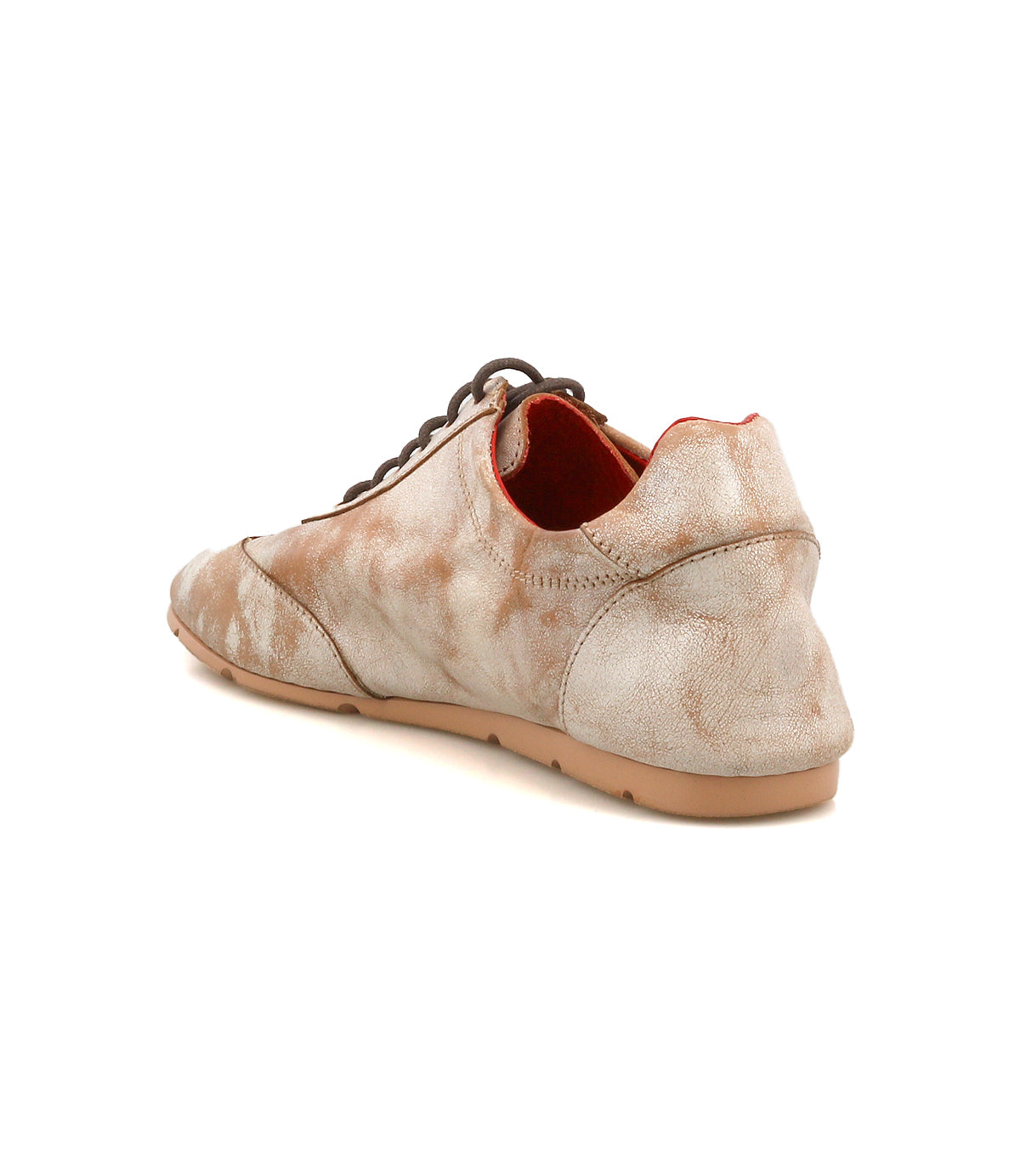 The Bed Stu Bingo II is a beige and brown leather sneaker with laces, shown from the back, featuring a tan XL EXTRALIGHT outsole and red interior lining.